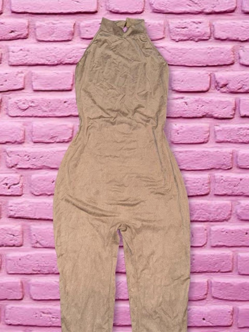 Fashion Nova Suede Truffle Halter Jumpsuit